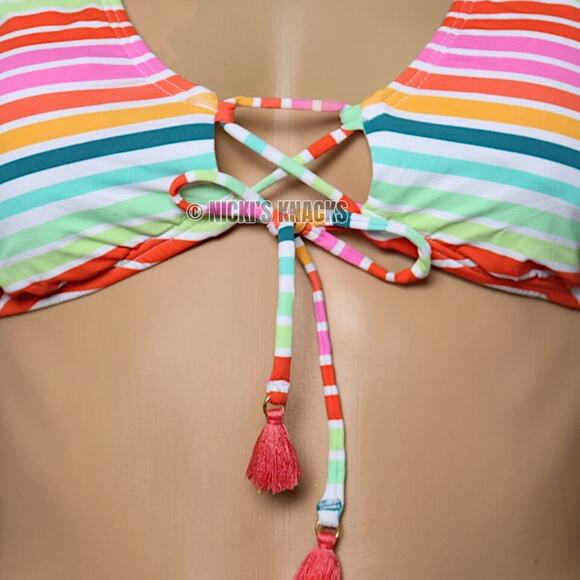 Decree Striped Lace Up Bralette Bikini Top Multicolor Swimsuit Size M - Picture 3 of 10